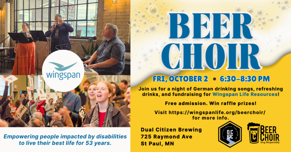 Wingspan Life Resources Beer Choir event banner showing people singing and playing music in a brewery, with event details for October 2 at Dual Citizen Brewing in St. Paul, including free admission and raffle prizes